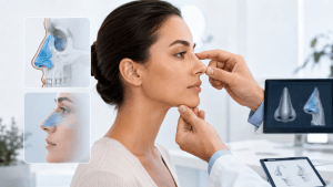 Avaliação de rinoplastia estética e funcional com análise da anatomia e da estrutura nasal.