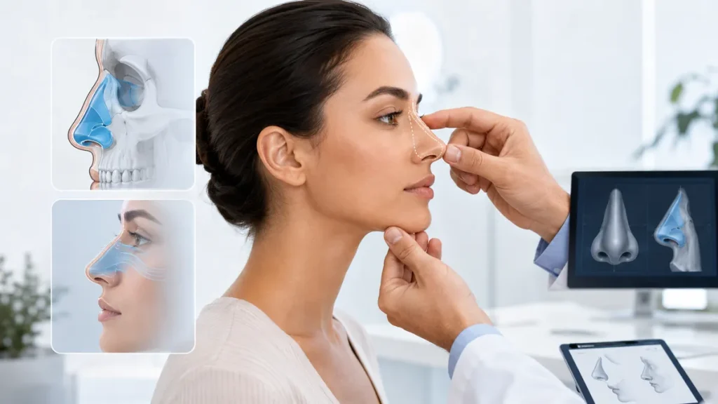 Ilustração de avaliação médica do nariz em consulta sobre rinoplastia revisional.