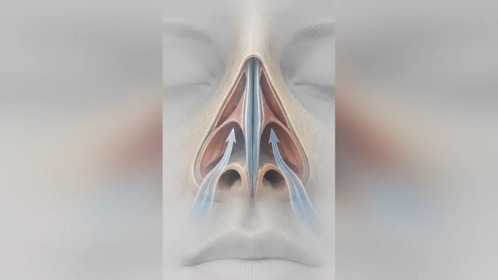 Ilustração da anatomia do septo nasal e da passagem do ar pelo nariz.